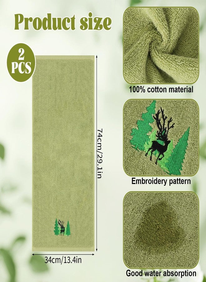 CODOHI 2 PCS Christmas Hand Towels Green Woodland Forest Moose Deer Embroidered Rustic Decorative Towels for Bathroom Kitchen Home Hotel, 100% Cotton, 13.4 x 29.1'' (Green-Woodland) - Image 2