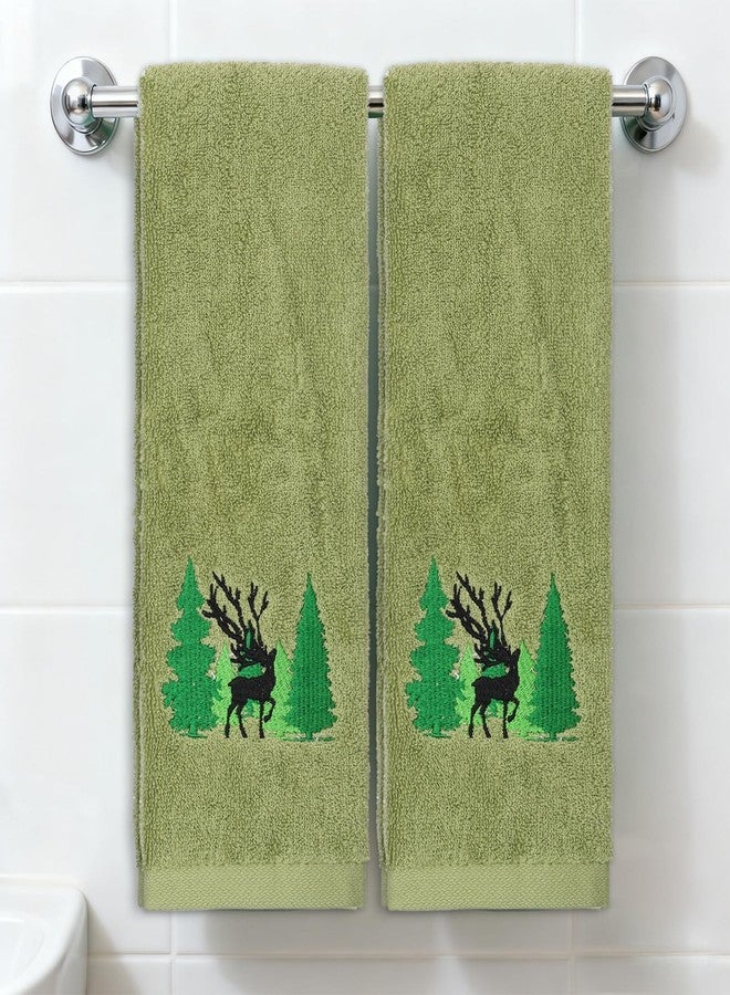 CODOHI 2 PCS Christmas Hand Towels Green Woodland Forest Moose Deer Embroidered Rustic Decorative Towels for Bathroom Kitchen Home Hotel, 100% Cotton, 13.4 x 29.1'' (Green-Woodland) - Image 3