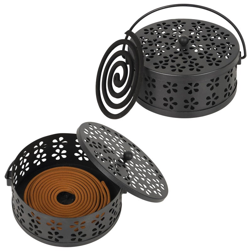 Whiidoom Portable Iron Mosquito Coil Holder with Handle Round HeatResistant Incense Holder 2 Pack Black