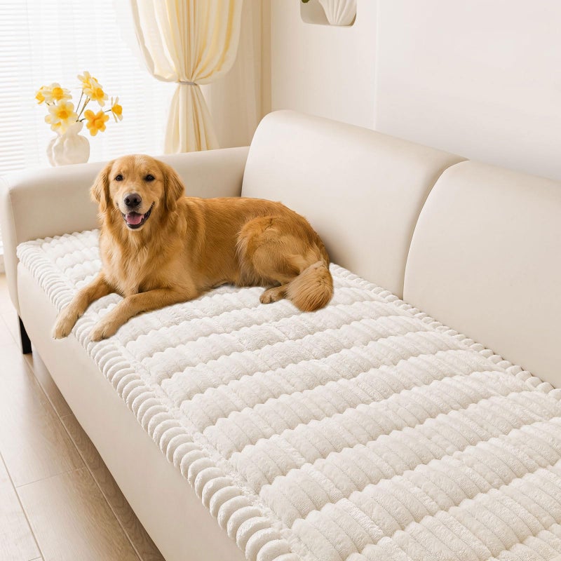hyha Couch Covers for Dogs Washable, Non Slip Plush Dog Sofa Protectors, Fuzzy Pet Couch Covers for 3 Cushion Sofa Pet Friendly (White, 27.6" x 70.9") - Image 1