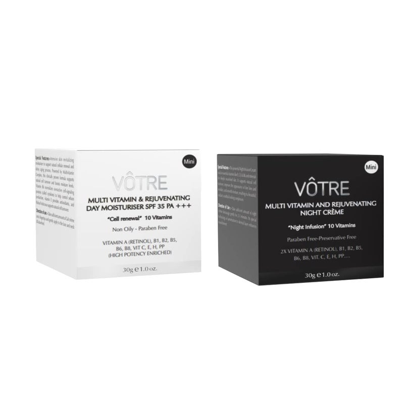 Votre Votre Natural Vegan Mini Multi Vitamin and Rejuvenating Day and Night Cream Combo To Prevent Pre Mature Aging Dullness  No Paraben Sulfates Each 30 Gm - Image 1