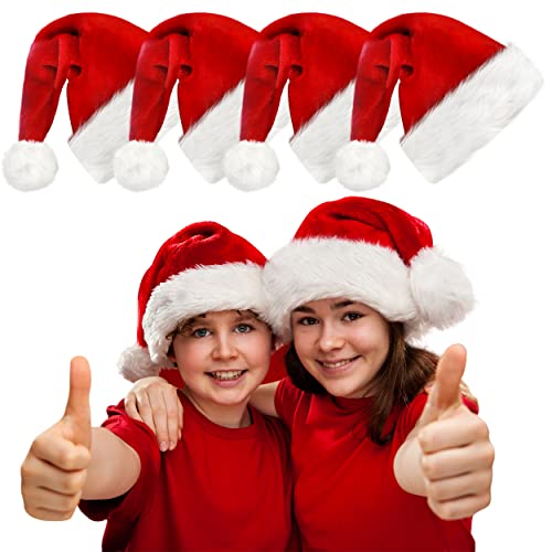 kortes 4 Pack Plush Kids Santa Hat Unisex Christmas Hats Classic Velvet Fabric Comfort Double Line Plush Santa Hat for Kids Children Toddler New Year Party Supplies Red4Pack - Image 1