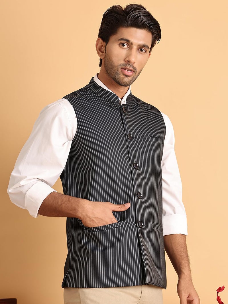 Jompers Striped Woven Nehru Jacket for Men - Pure Cotton, Regular Fit - Image 5