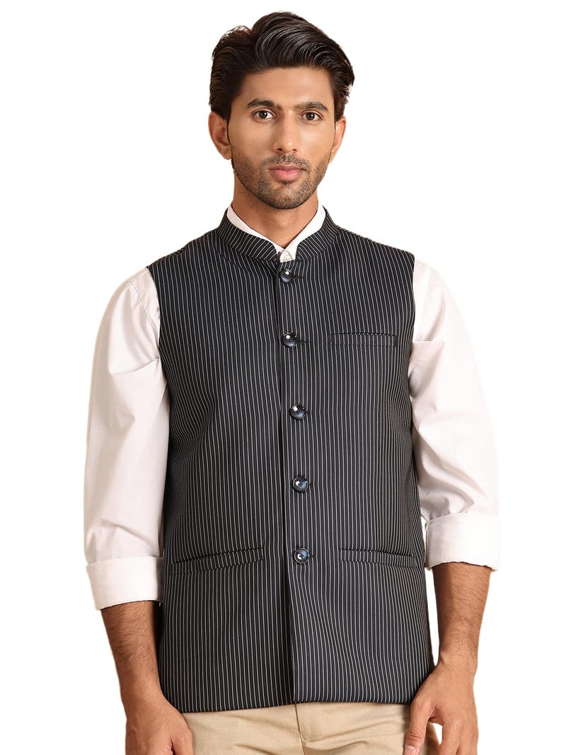 Jompers Striped Woven Nehru Jacket for Men - Pure Cotton, Regular Fit - Image 1