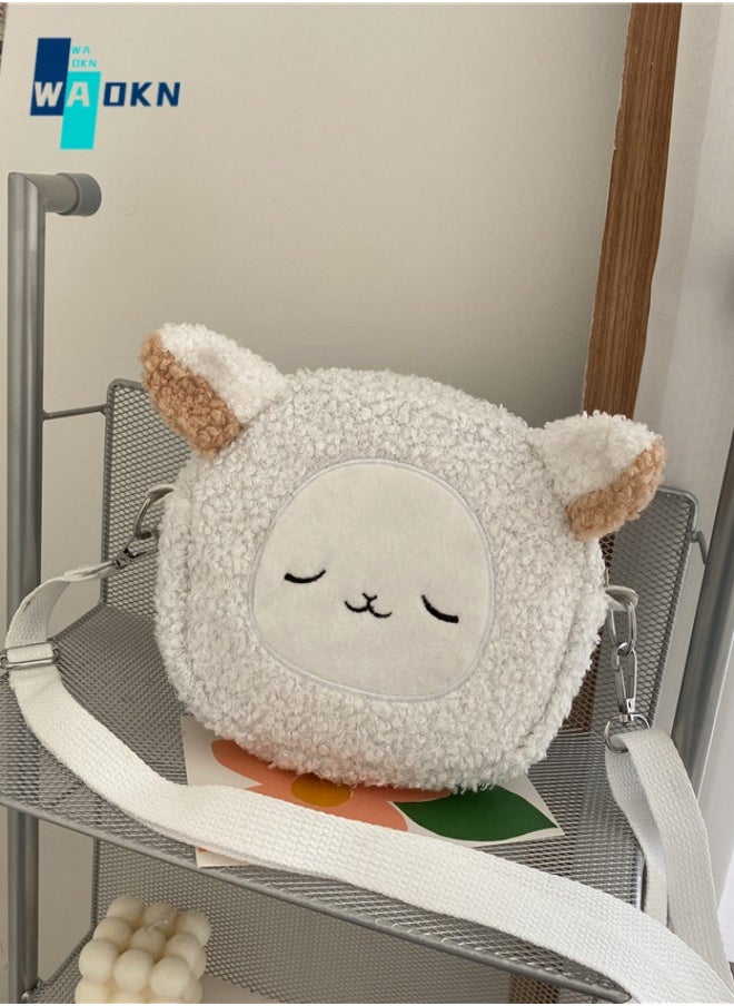 WAOKN Cute Cartoon Plush Crossbody Bag for Girls, New Mobile Phone Key Shoulder Bag for Students, Handbag Crossbody Bag, Soft Fabric Lamb Shape Carrying Bag Sling Bag Small Bag Suitable for Children  - Image 1