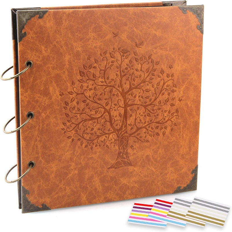 ADVcer Photo Album DIY Scrapbook 10x10 inch 50 Pages Double Sided, Vintage Leather Cover Three-Ring Binder Picture Booth + 408pcs Self Adhesive Photos Corners for Memory Keep (Family Tree Brown Sugar) - Image 1