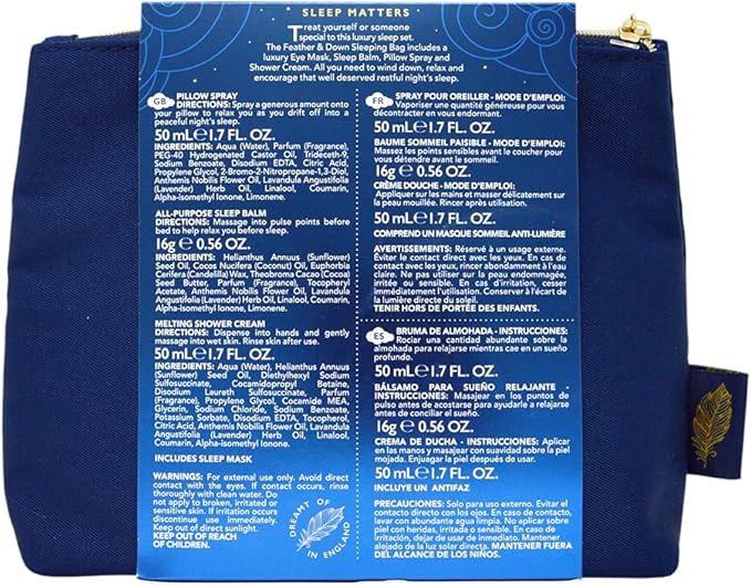 Feather & Down طقم هدايا حقيبة النوم من الريش والداون مع قناع عين فاخر وبلسم نوم ورذاذ وسادة وكريم استحمام مع زيوت أساسية مهدئة من اللافندر والبابونج صديق للنباتيين وخالي من القسوة - Image 4