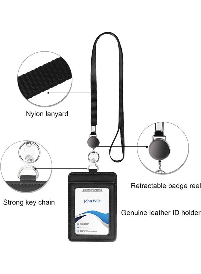 WANFAN 2 PCS Leather ID Badge Holder with Retractable Lanyard, Retractable Badge Reel Nylon Lanyard and Vertical ID Card Holder, Black - Image 3
