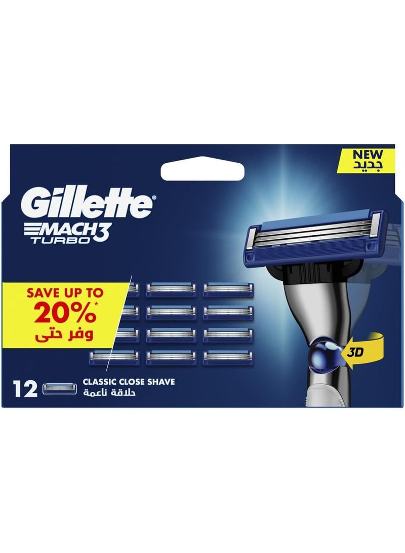 ماكينة حلاقة جيليت ماك 3 تيربو للرجال قابلة لإعادة التعبئة: 12 شفرة قابلة لإعادة التعبئة - Image 1