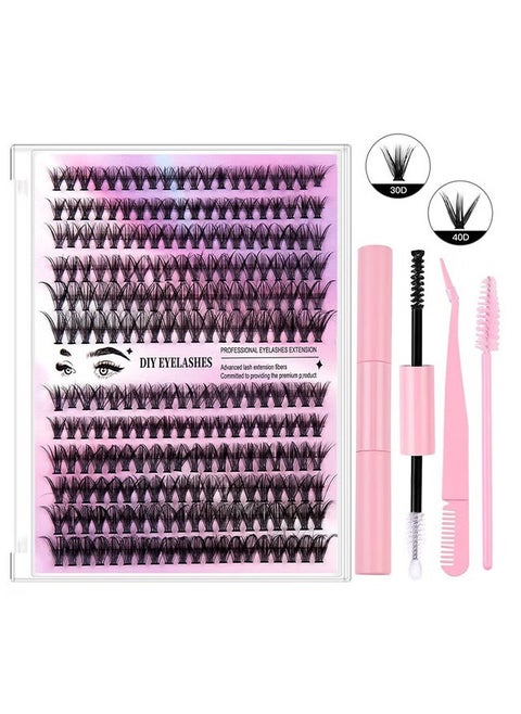 DIY Eyelash Extension Kit 240pcs Individual Lashes Cluster, 9-16mm Mix 30D 40DKIT with Lash Bond and Seal and Remover Lash Applicator for Beginners