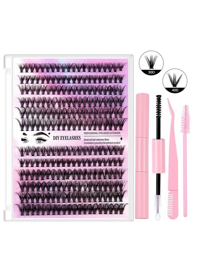 HY - DIY Eyelash Extension Kit 240pcs Individual Lashes Cluster, 9-16mm Mix 30D 40DKIT with Lash Bond and Seal and Remover Lash Applicator for Beginners - Image 1
