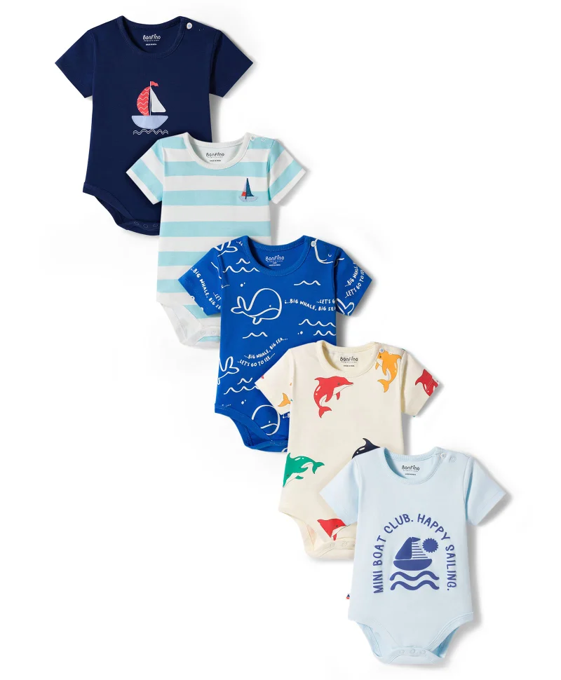 Bonfino Bonfino 5-Pack 100% Cotton Printed Short Sleeves Onesies - Multicolor