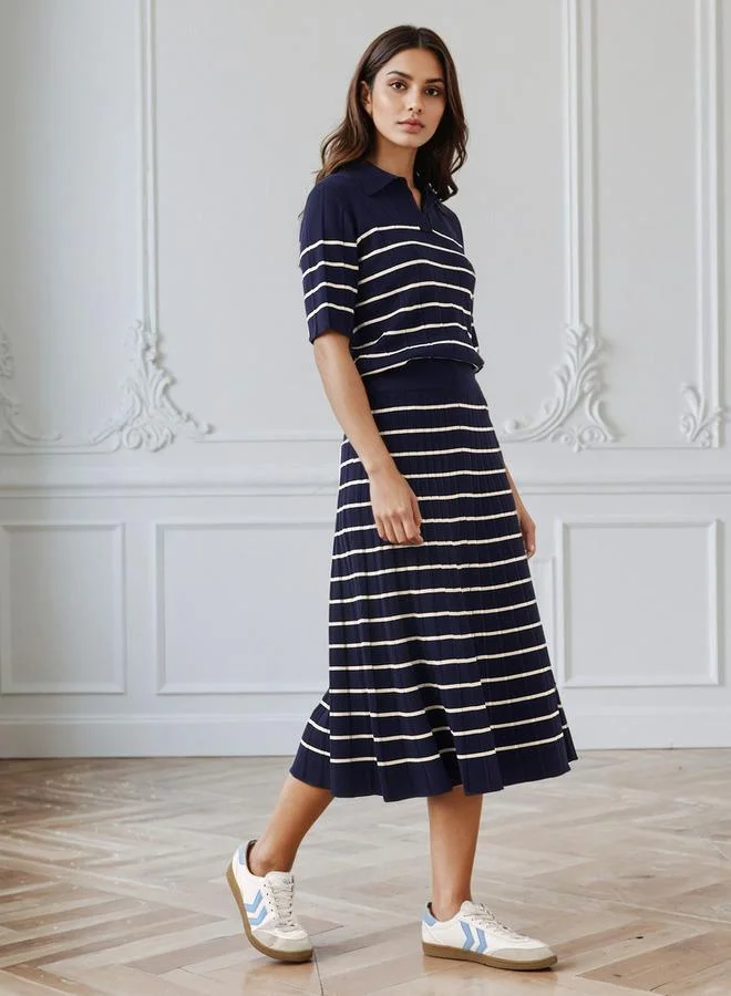 Splash FAV Midi Striped Skirt with Pleat Detail