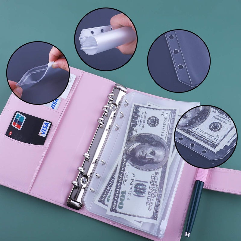 Antner A6 Budget Binder with Zipper Cash Envelopes for Money Organizer & Budgeting, PU Leather Budget Planner Money Saving Binder with Cash Stuffing Envelopes & Labels for Home Office Travel, Pink - Image 2