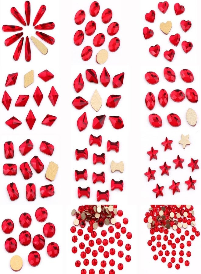 AD Beads 300 Pieces Red Flat Back Gems 11 Shapes Crystal Rhinestones 12 Sizes Rhinestones for Crafts Nail Face Art Clothes Shoes Bags DIY(Red) - Image 1