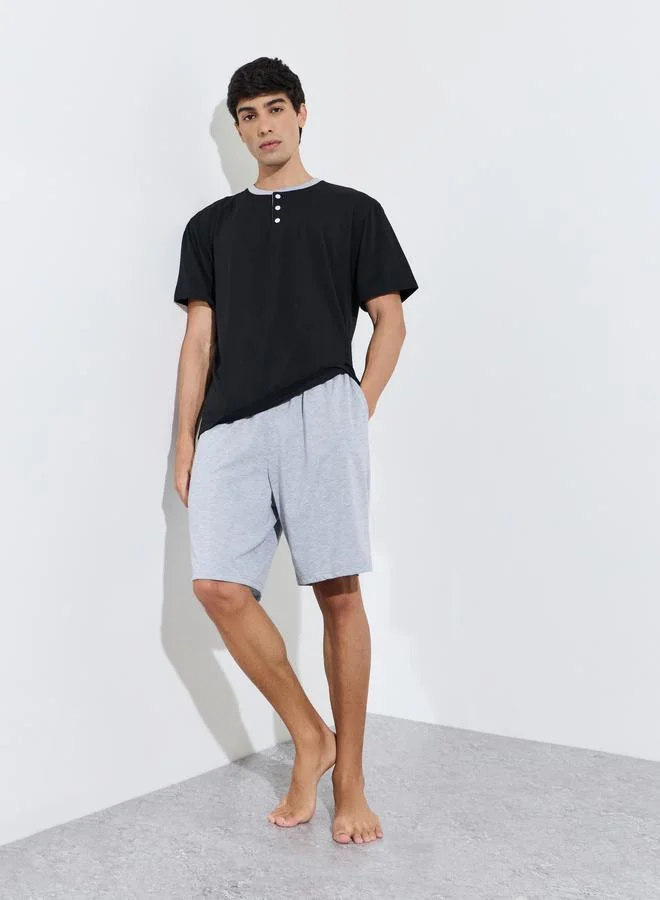 Black Henley Neck T-Shirt and Grey Shorts Pyjama Set