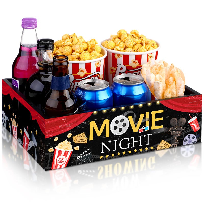 GlikCeil Movie Night Supplies Snack Trays with Handles Reusable Wooden Movie Gift Basket for Theater Popcorn Bucket Bowl Box Container Family Room Valentines Day DecorClassic Style
