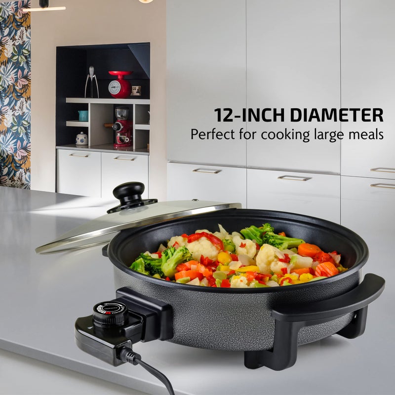 OVENTE 12 Inch Electric Skillet and Frying Pan with Nonstick Coating, 1400W Power, Adjustable Temperature Control, Tempered Glass Lid with Vent and Cool Touch Handles, Black SK11112B - Image 2