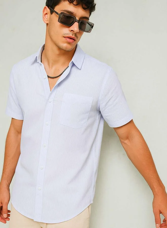 SASSAFRAS Sassafras Men White Striped Short Sleeve Relaxed Fit Shirt with Pocket