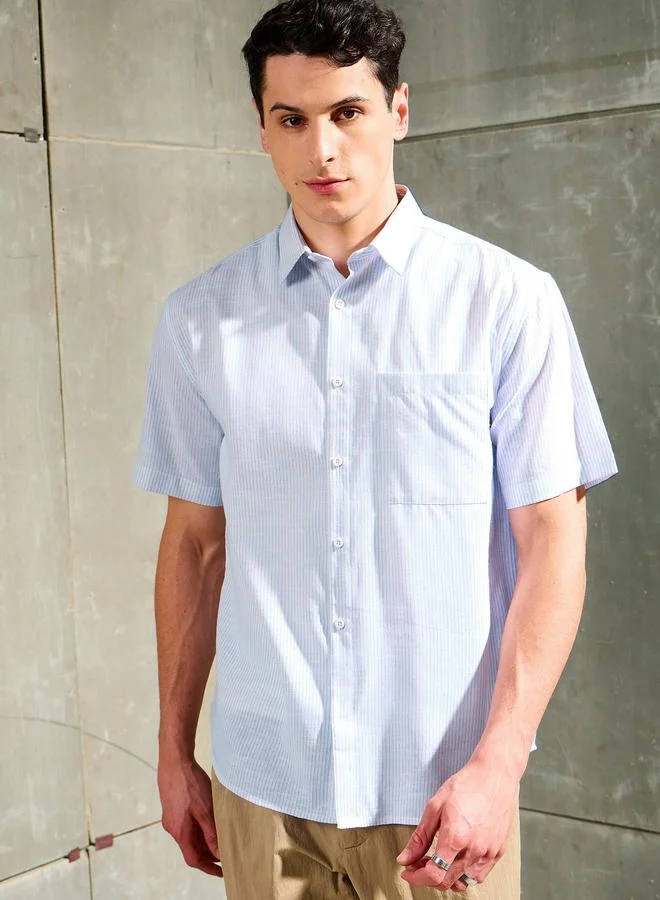 SASSAFRAS Men White Striped Short Sleeve Relaxed Fit Shirt with Pocket