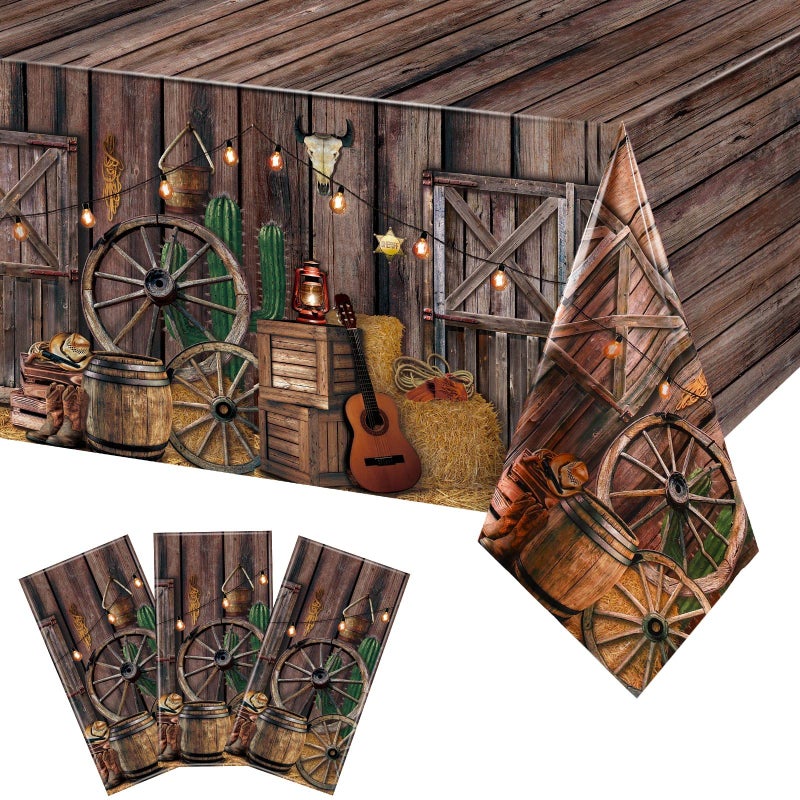Tiamon 3 Pcs Western Party Tablecloth Western Cowboy Party Table Cover Cowboy Theme Plastic Tablecloth Wild West Wooden House Table Cover for Birthday Supplies - Image 1