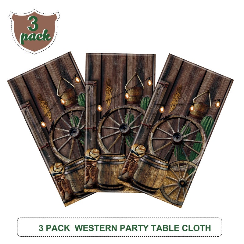 Tiamon 3 Pcs Western Party Tablecloth Western Cowboy Party Table Cover Cowboy Theme Plastic Tablecloth Wild West Wooden House Table Cover for Birthday Supplies - Image 4