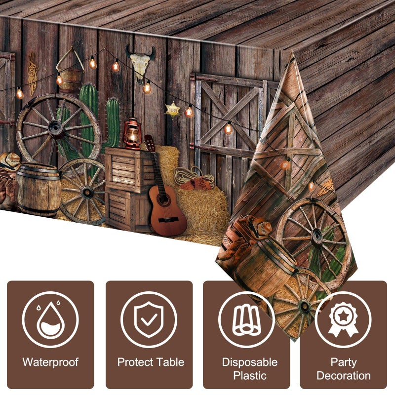 Tiamon 3 Pcs Western Party Tablecloth Western Cowboy Party Table Cover Cowboy Theme Plastic Tablecloth Wild West Wooden House Table Cover for Birthday Supplies - Image 3