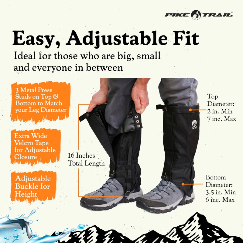 Pike Trail Adjustable Leg Gaiters - Lightweight, Waterproof - Leg Guards for Men & Women - Hiking Essentials Ideal for Hunting, Trekking & Fishing - Black - 1 Pair - Image 2