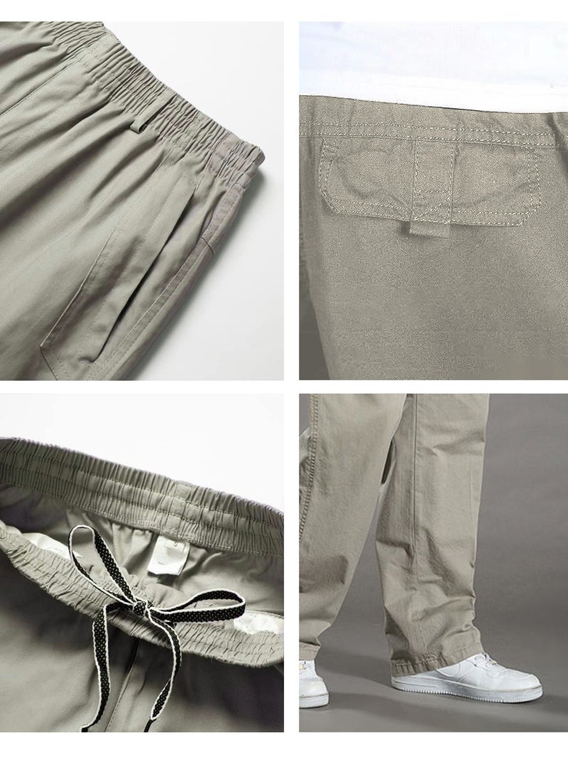 Moovant Men's Casual Pants, Thin Slacks Elastic Waist Relaxed Plus Cargo Pants, Plus Size Cotton Loose Straight Long Pants, Light Grey  - Image 5
