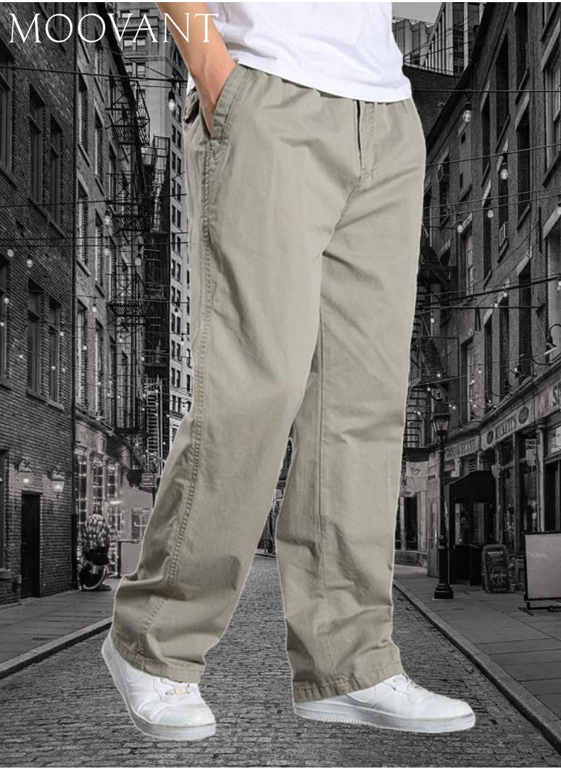 Moovant Men's Casual Pants, Thin Slacks Elastic Waist Relaxed Plus Cargo Pants, Plus Size Cotton Loose Straight Long Pants, Light Grey  - Image 1