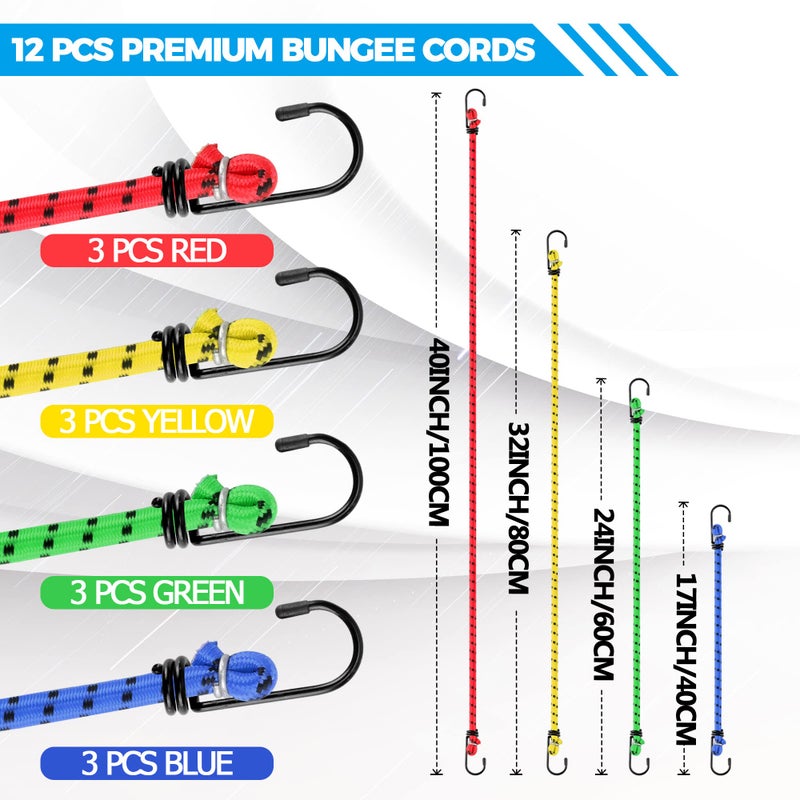 Veppak-Bungee Cords with Hooks, 12 Pack Elastic Bungee Straps Includes 40",32", 24", 16",Heavy Duty Outdoor Bungie Straps to Packing for Camping, Tent, Storing Packages, Fastening Items - Image 2