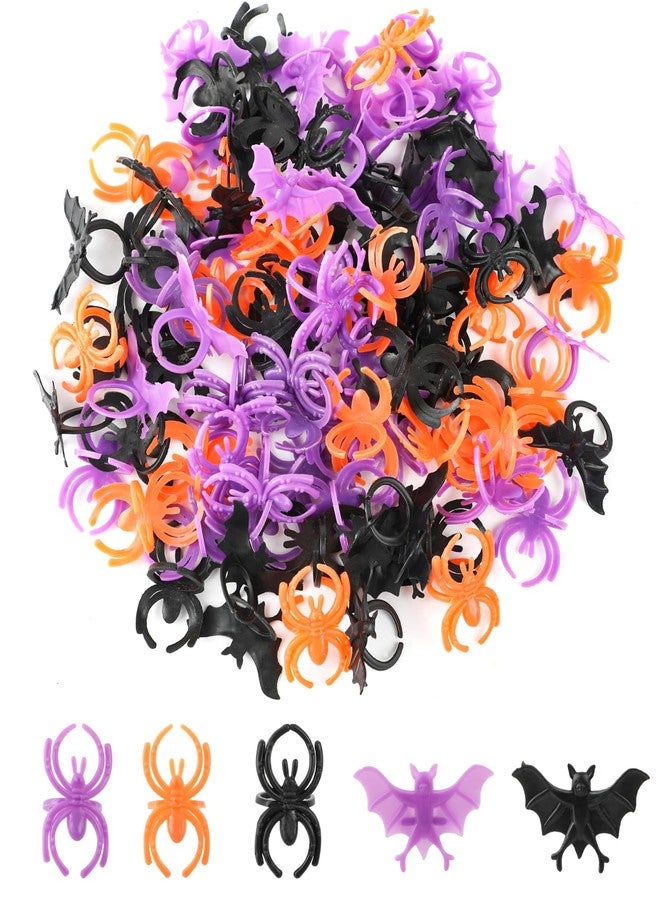 FOIMAS 100pcs Halloween Party Favor Spider Ring Plastic Spider Bat Ring Cupcake Topper for Trick or Treat Halloween Party Favor Home Decoration - Image 1