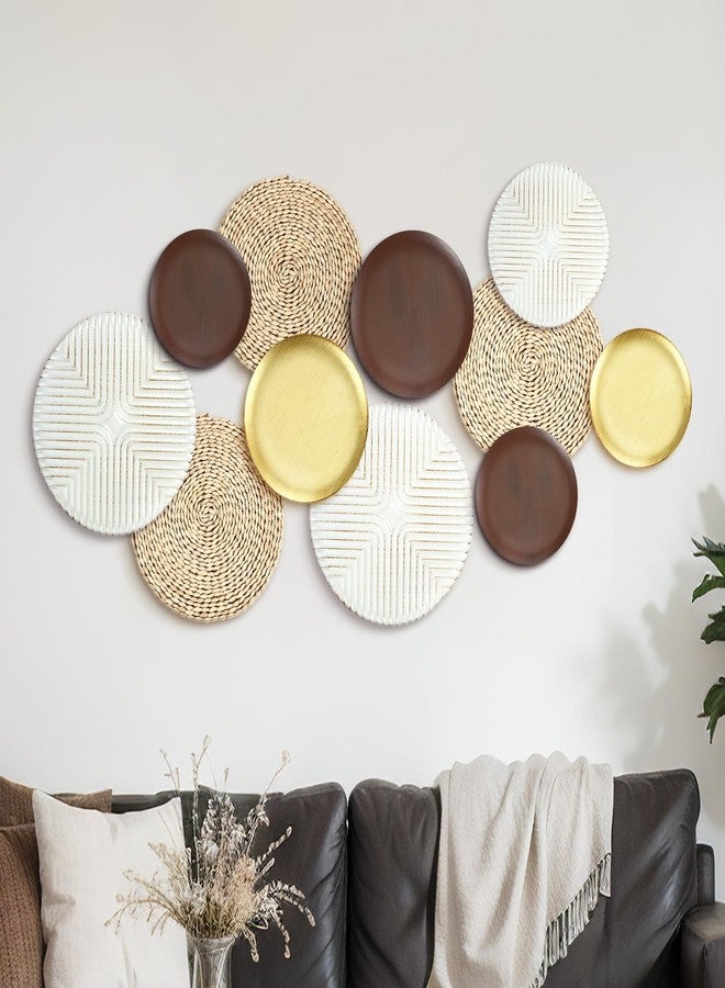 Yuntau 11 Pcs Boho Metal Wall Decor Rattan Golden Wall Art with Boho Basket Macrame Hanging Decor Rustic Farmhouse Artwork for Home Living Room Bedroom Office White Brown Decorations - Image 1