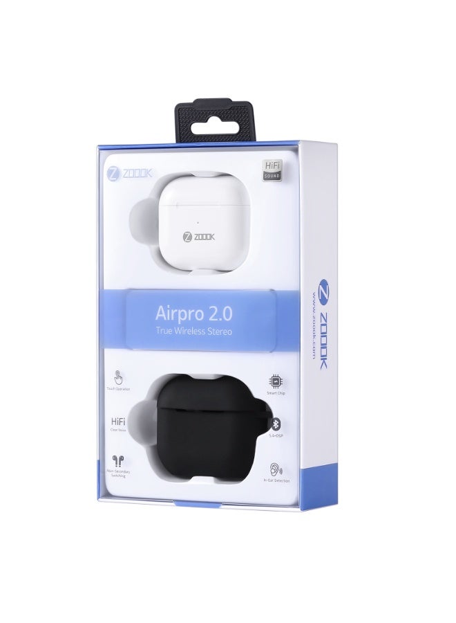 Zoook سماعات أذن لاسلكية حقيقية AirPro 2.0 بلوتوث 5.4 مع ميكروفون لإلغاء الضوضاء DSP، 30 ساعة من وقت التشغيل، تحكم باللمس وشحن سريع سماعات رأس لاسلكية TWS لجهاز iPhone 16، 15، 14، Samsung Galaxy S24، S23، S22، هواتف أندرويد، iPad، أجهزة لوحية سماعات أذن ستيريو خفيفة الوزن مع صوت عميق باللون الأبيض - Image 2