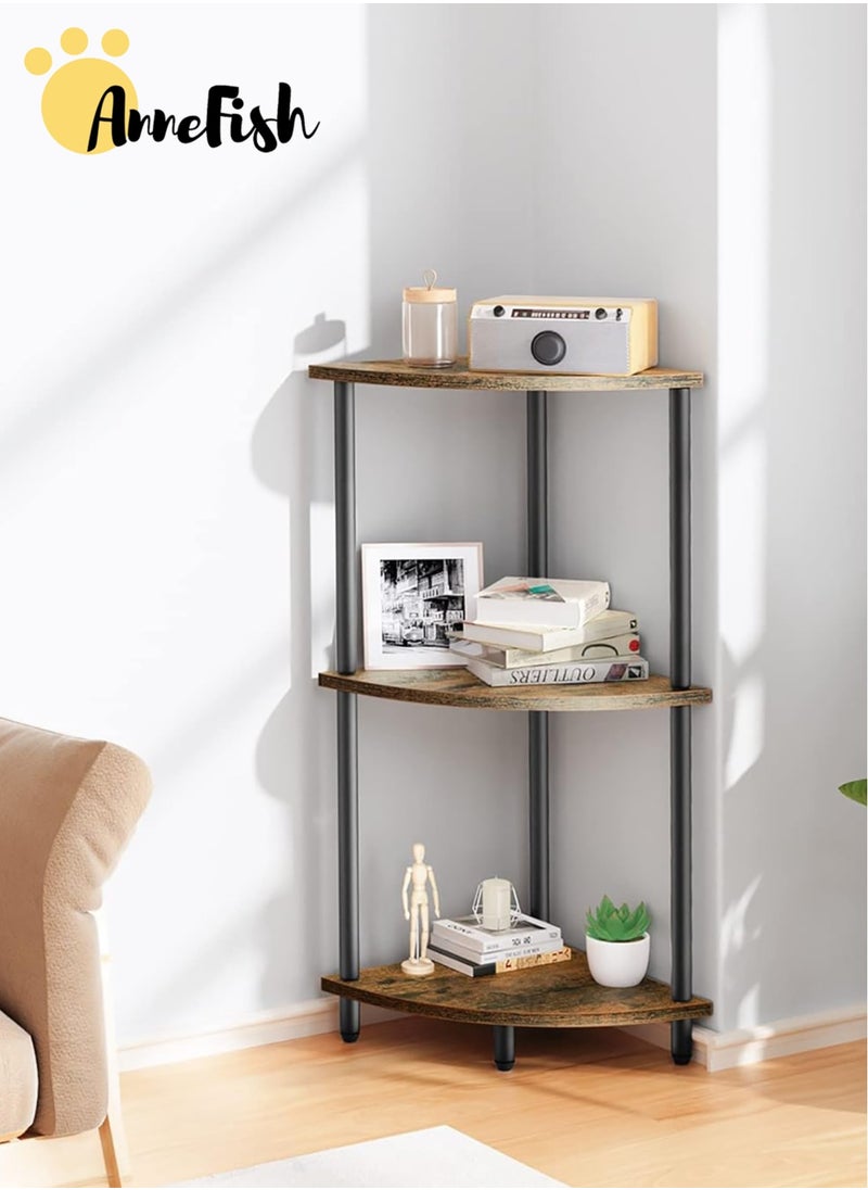 AnneFish 3Tier Corner Shelf Stand Industrial Corner Bookshelf With Metal Frame Plant Corner Display Shelf Corner Bookcase for Small Bedroom Living Room Rustic Brown  - Image 1