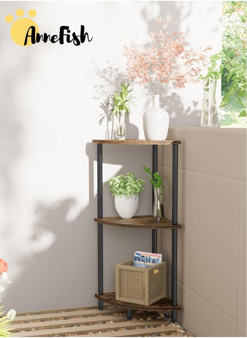 AnneFish 3Tier Corner Shelf Stand Industrial Corner Bookshelf With Metal Frame Plant Corner Display Shelf Corner Bookcase for Small Bedroom Living Room Rustic Brown  - Image 3