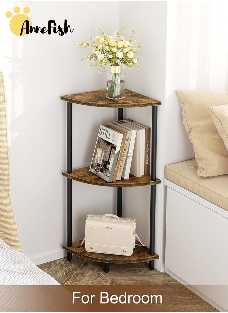 AnneFish 3Tier Corner Shelf Stand Industrial Corner Bookshelf With Metal Frame Plant Corner Display Shelf Corner Bookcase for Small Bedroom Living Room Rustic Brown  - Image 4
