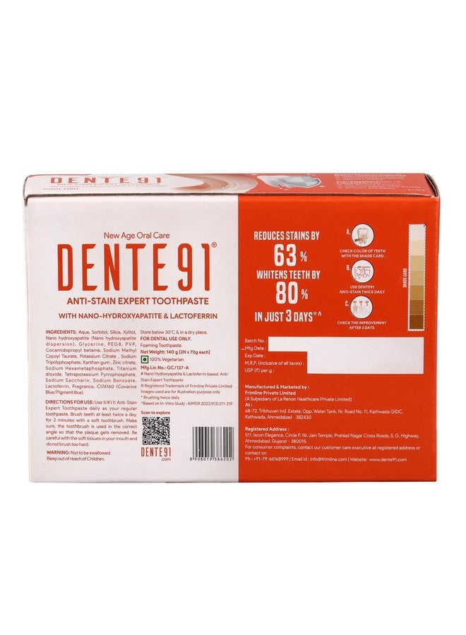 DENTE91 Anti-Stain Expert Toothpaste For Stain Removal & Teeth Whitening | Protects Against Dental Caries & Strengthens Enamel | Reduces 63% Stains In Just 3 Days | 140G (2 X 70G)  - Image 2