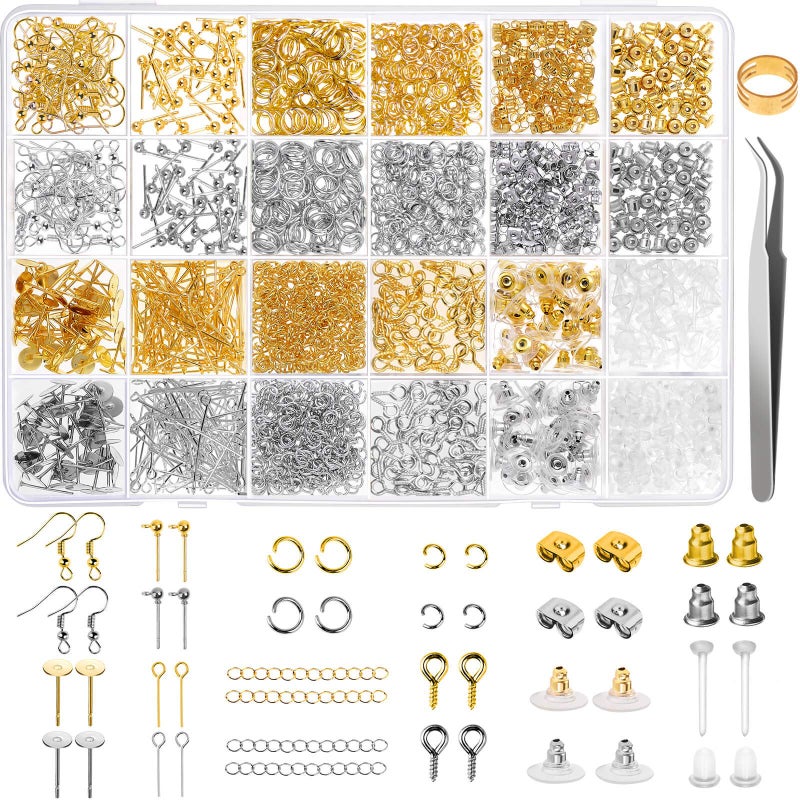 Earring Making Supplies Kit Caffox 2900pcs Earring Hardware Pieces Repair Parts with Earring Hooks Posts Backs and Jump Rings for Making Earrings Studs and Jewelry Making Silver  Gold