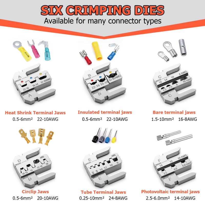 Preciva Crimping Tool Set, Ratchet Cable Crimp Plier Tool Kit, Electrical Terminal Cable Crimper with 6 Heads for Quick Change, Heat Shrink/Insulated/Bare/Ferrules/Spade Crimp/Solar Energy Terminals