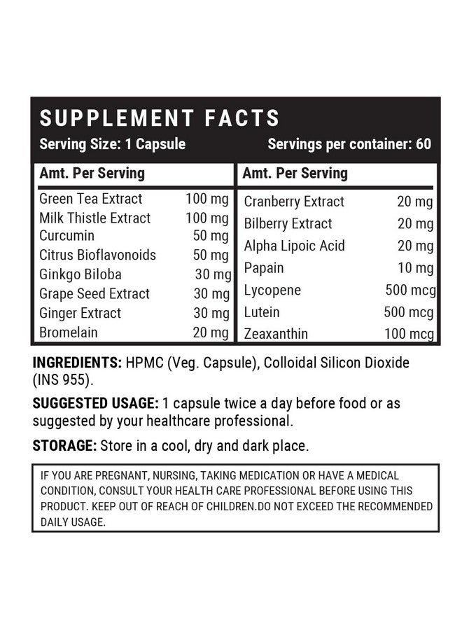 INLIFE Super Antioxidant Supplement Lycopene, Green Tea, Milk Thistle, Curcumin, Grape Seed, Ginkgo Biloba, Ginger, Cranberry, Alpha Lipoic Acid, Lutein, Zeaxanthin - Pack of 60 Vegetarian Capsules - Image 2
