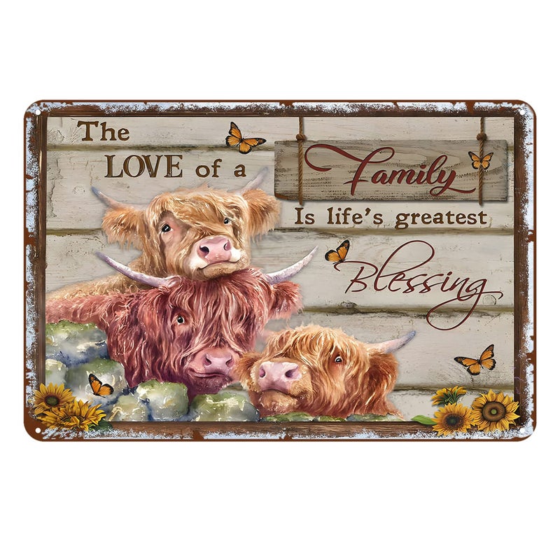 Gnelde Metal Sign Farm Highland Cows The Love of A Family Rustic Decor Vintage Tin Sign Home Kitchen Bar Cafe Farm Club Cave Wall Decor Cow Tin Sign 12 X 8 Inch