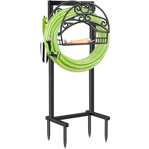 TomCare Garden Hose Holder Upgraded Water Hose Holder with Storage Basket Heavy Duty 4 Spikes Hose Hanger Holds 160 Feet Hoses Stable Freestanding Hose Storage Organizer for Outside Yard - Image 1