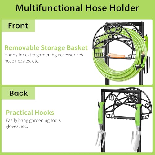 TomCare Garden Hose Holder Upgraded Water Hose Holder with Storage Basket Heavy Duty 4 Spikes Hose Hanger Holds 160 Feet Hoses Stable Freestanding Hose Storage Organizer for Outside Yard - Image 5