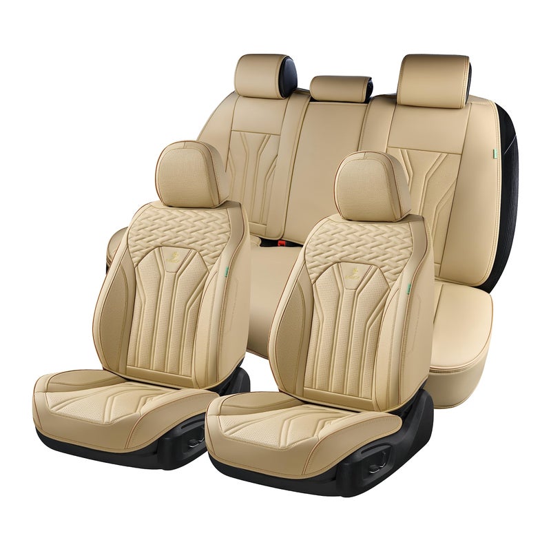 FLORICH Leather Seat Covers, Seat Covers Full Set, Car Seat Protectors 5 Seats, Automotive Seat Covers Fit for Most Cars Trucks-Beige - Image 1
