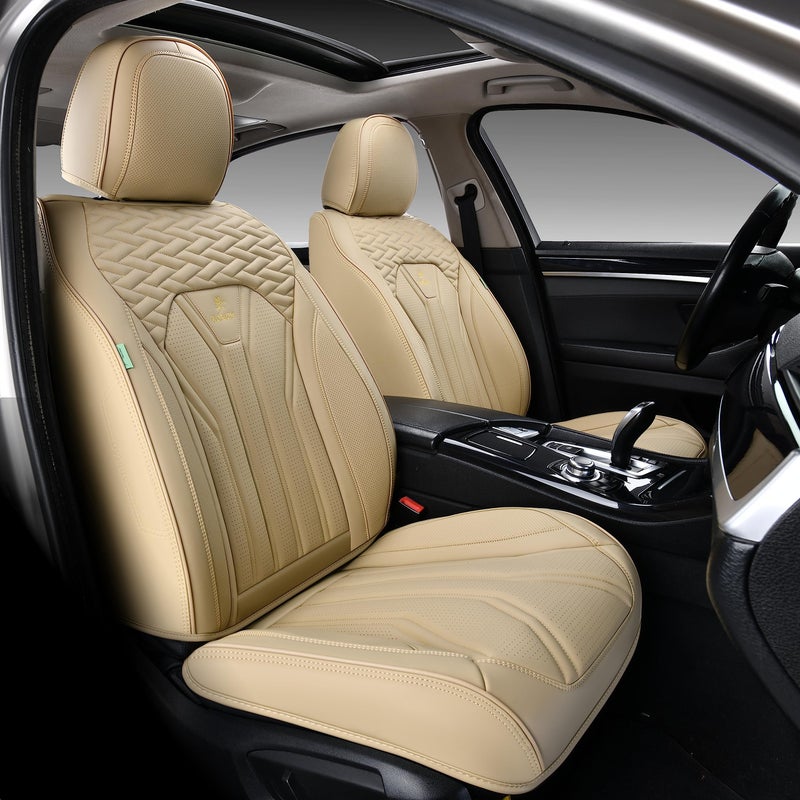 FLORICH Leather Seat Covers, Seat Covers Full Set, Car Seat Protectors 5 Seats, Automotive Seat Covers Fit for Most Cars Trucks-Beige - Image 2