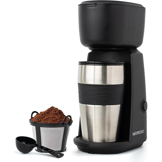 Mixpresso Single Serve & Single Cup Coffee Maker with 14oz Travel Mug Black | For ground coffee only, reusable filter, auto shut off. Compact personal drip coffee maker, not compatible with K-Cup pods. - Image 1