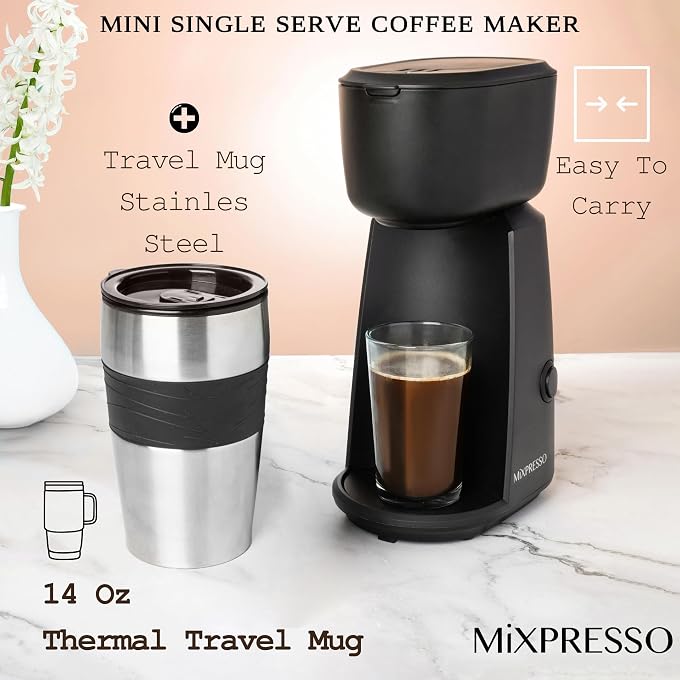 Mixpresso Single Serve & Single Cup Coffee Maker with 14oz Travel Mug Black | For ground coffee only, reusable filter, auto shut off. Compact personal drip coffee maker, not compatible with K-Cup pods. - Image 3