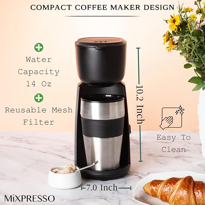 Mixpresso Single Serve & Single Cup Coffee Maker with 14oz Travel Mug Black | For ground coffee only, reusable filter, auto shut off. Compact personal drip coffee maker, not compatible with K-Cup pods. - Image 2