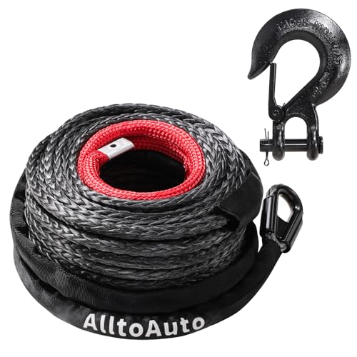 AlltoAuto Winch Rope with Hook, 3/8" x 100'-25000lbs Dyneema Synthetic Winch Rope Line Cable with Protective Sleeve for Truck 4WD Off-Road Vehicle Winch Accessory Black - Image 1